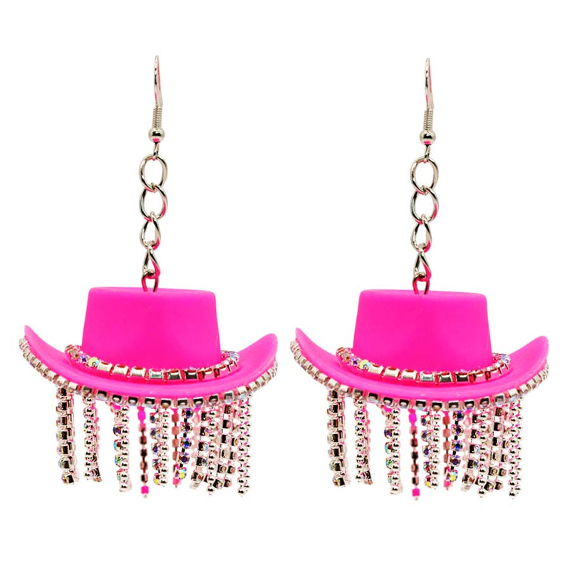 Cowboy Hat Rhinestone Tassel Earrings