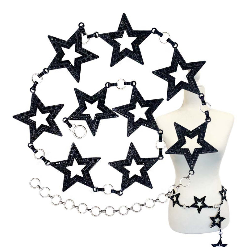 Double Star Rhinestone Metal Belt - Black-FINAL SALE