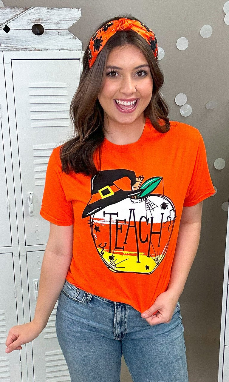 Teach Halloween Apple Tee-Orange