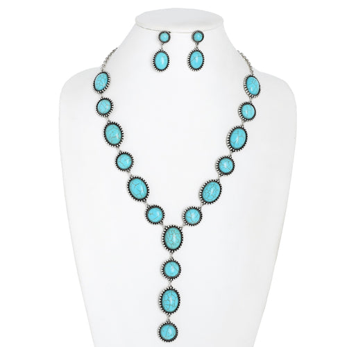 WESTERN OVAL CONCHO TURQUOISE LARIAT NECKLACE SET