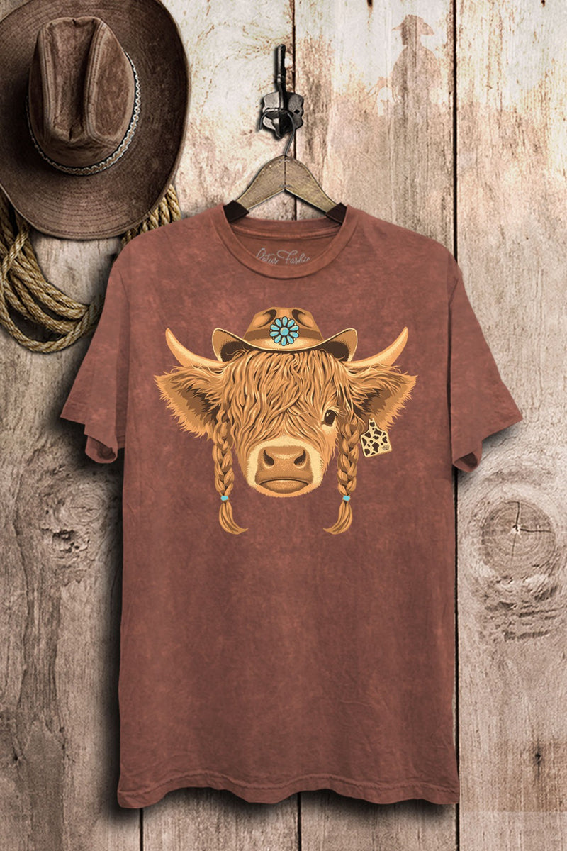 Highland Cow Mineral Wash Tee- Multiple Colors