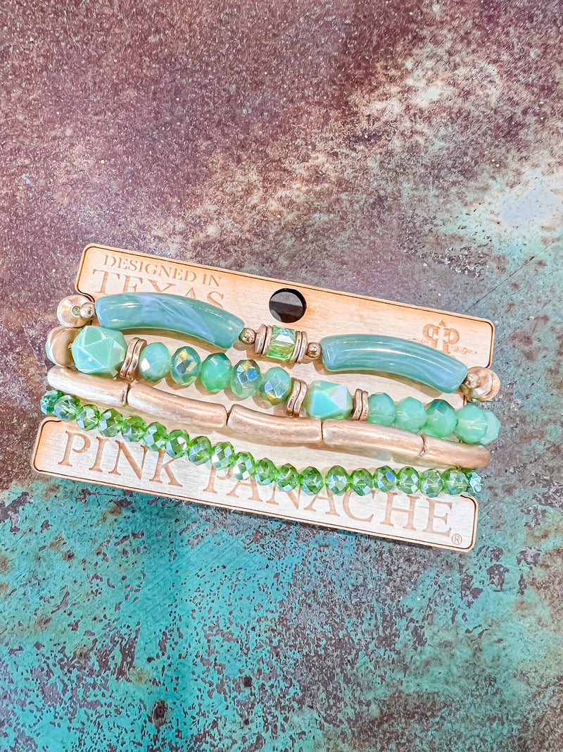 PINK PANACHE-1CNC P073-4 Strand Green/Gold Crystal Beaded Bracelet Set-FINAL SALE