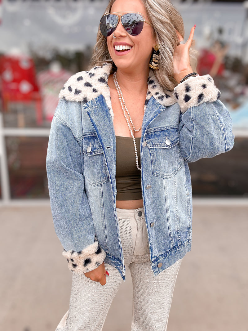 Leopard Faux Fur Lined Denim Jacket-FINAL SALE