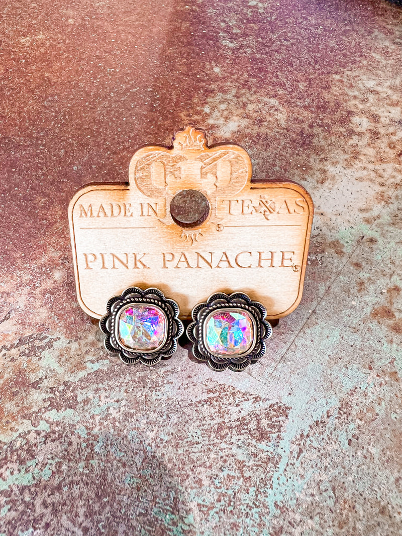 PINK PANACHE-1RTSE624BAB-AB/Gold Square Stone with Floral Detail Stud Earrings