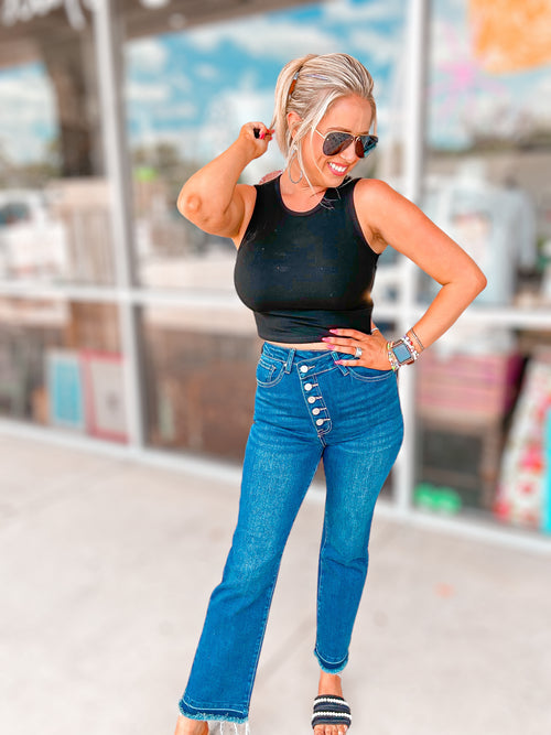 Cassie High Rise Cross Over Dark Button Down Jeans