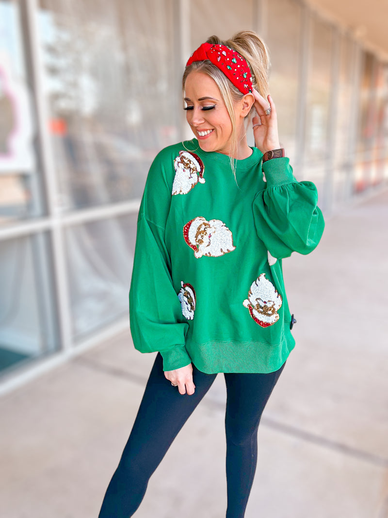 Santa Sequin Loose Fit Sweatshirt-Green