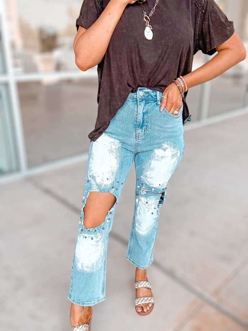 Pearl Beaded Distressed Cut Out Denim Jeans – Frogstones Boutique