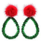 PomPom Tinsel Teardrop Earrings-Red/Green