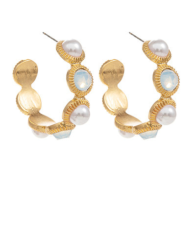Gold/White Opal Beaded Hoop Earrings