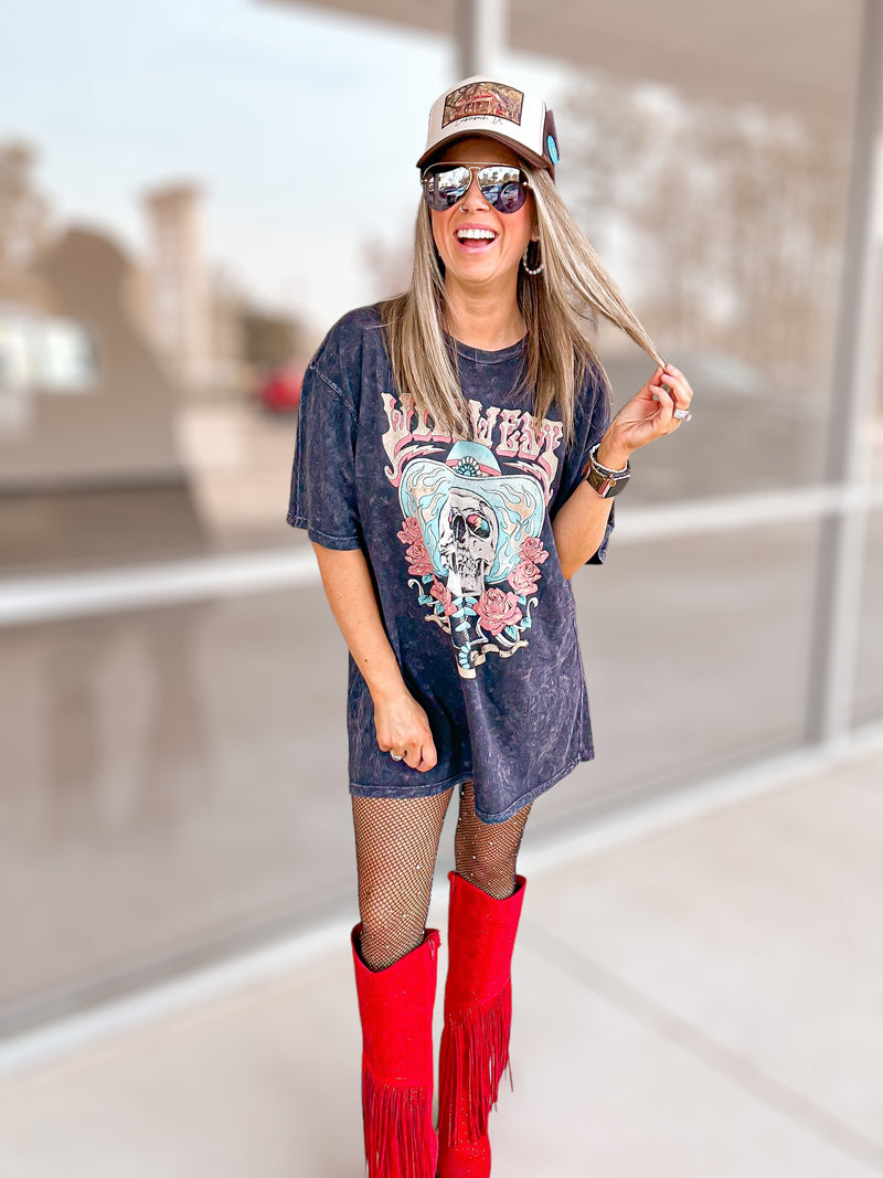 Wild West Cowgirl Skull Tee-Coral Wash-FINAL SALE