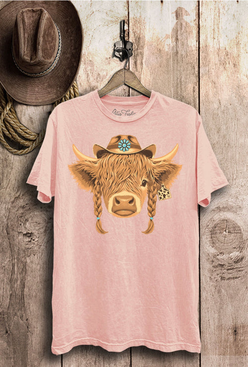Highland Cow Tee- Light Pink Wash-FINAL SALE
