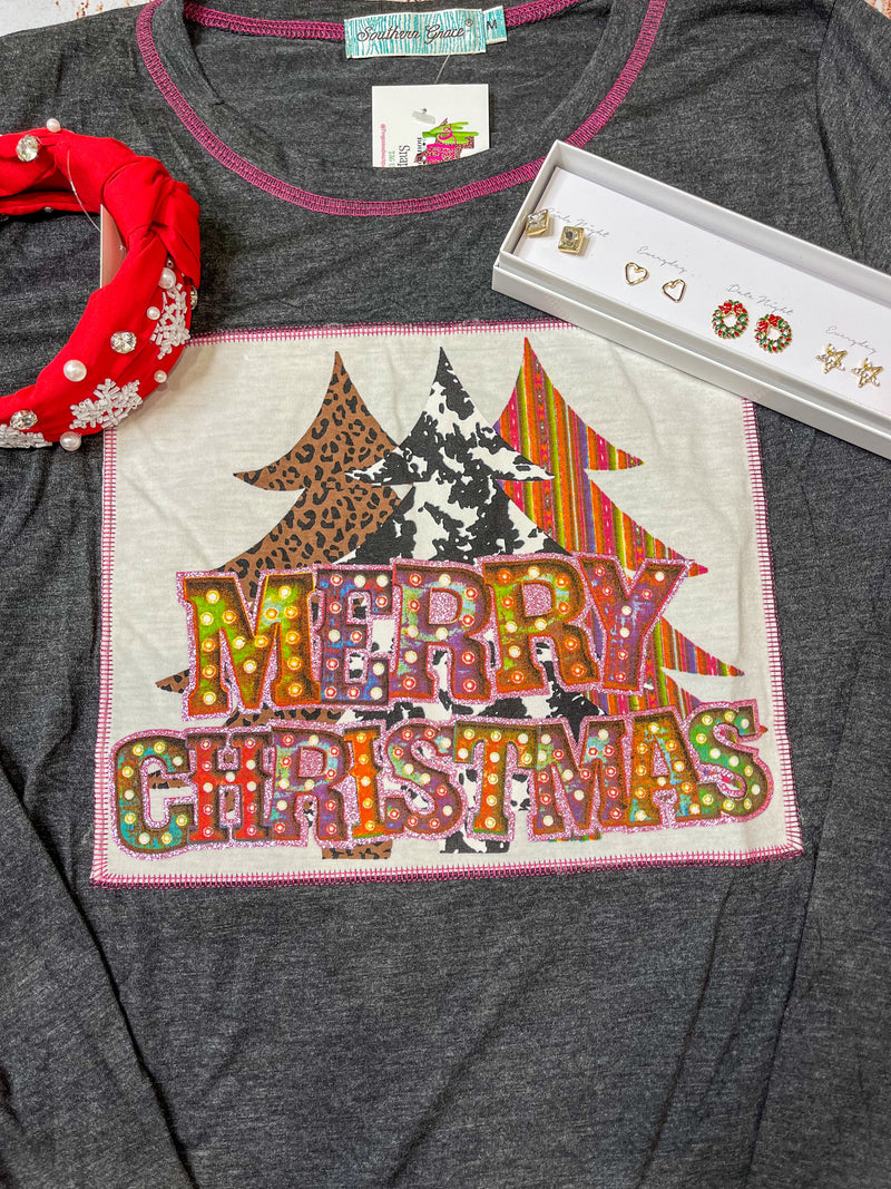 Merry Christmas Patch Top-Charcoal