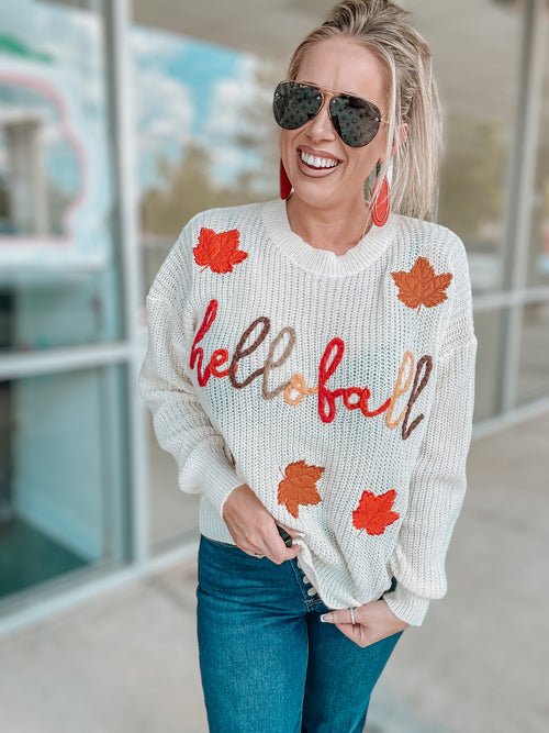 Hello Fall Yarn Stitched Sweater-Oatmeal-FINAL SALE