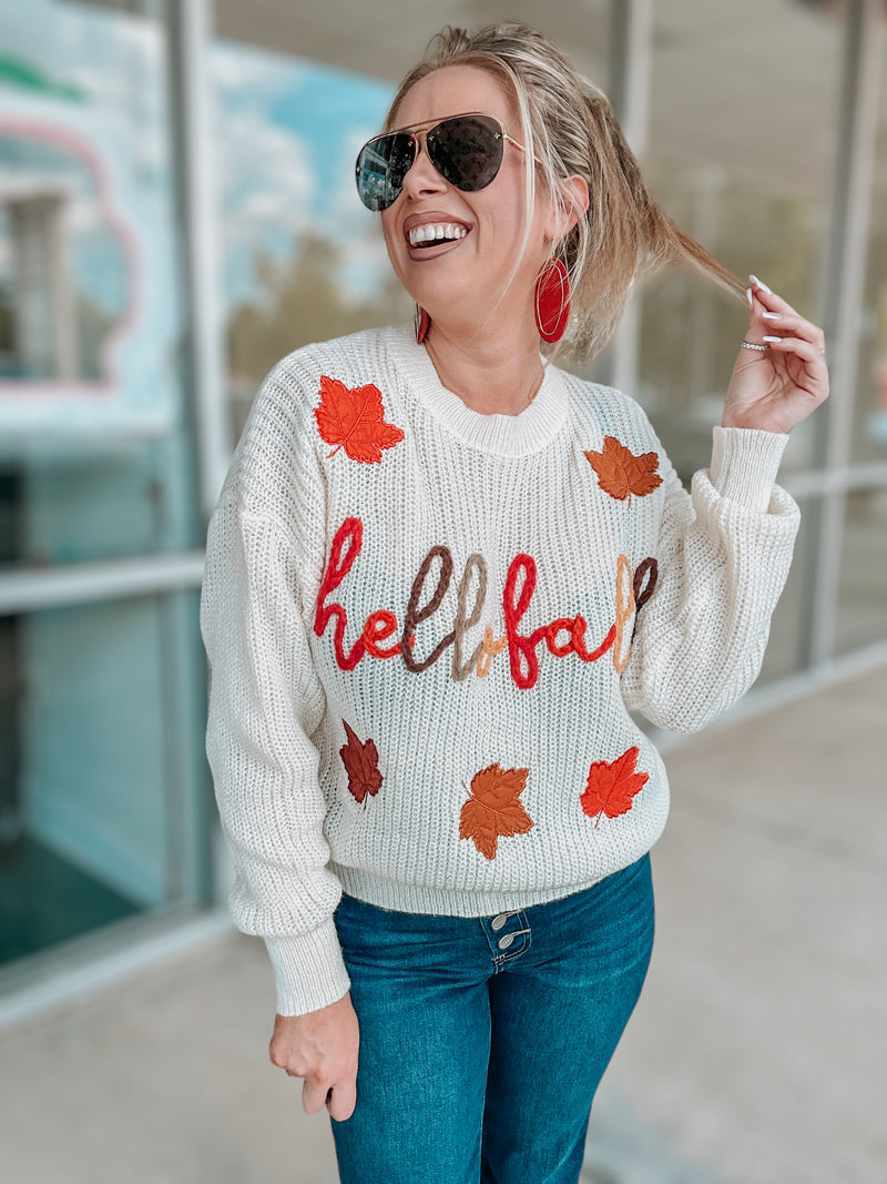 Hello Fall Yarn Stitched Sweater-Oatmeal
