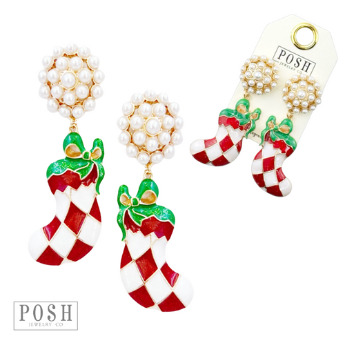 Harlequin stocking on pearl stud post earring
