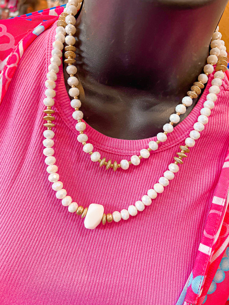 PINK PANACHE-1CNC F152-2 Strand White/Gold Crystal Disc Bead Necklace