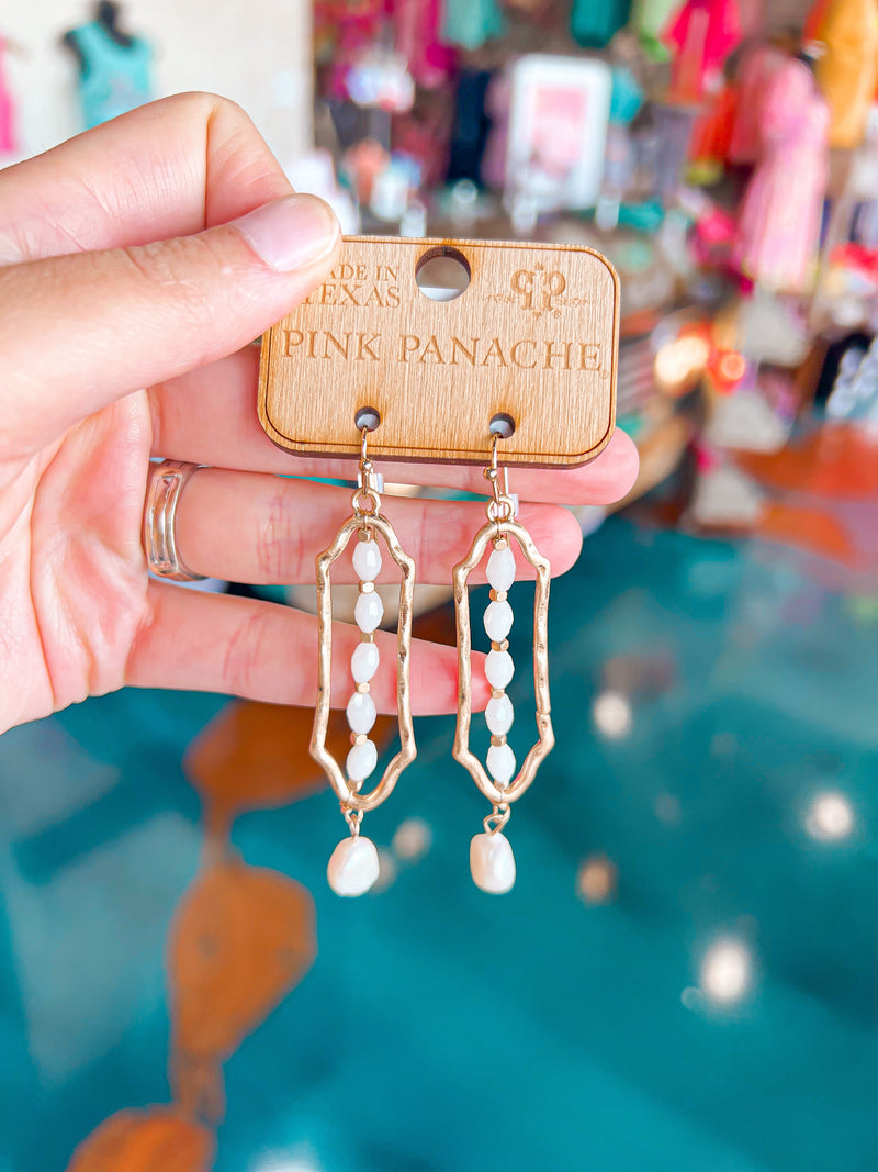 PINK PANACHE-1CNC F065-Gold Hexagon/White Bead Earrings w/ Pearl Drop