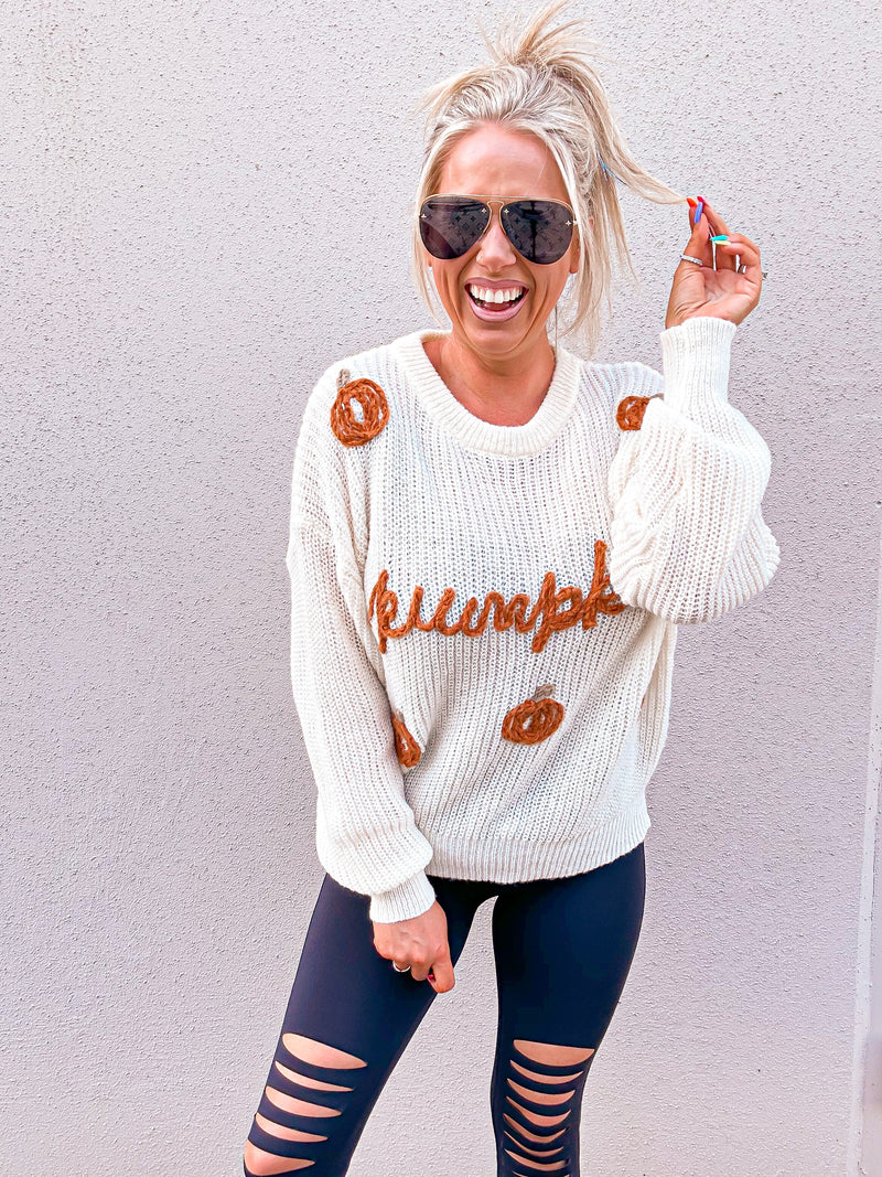Pumpkin Yarn Stitch Knitted Sweater-Oatmeal