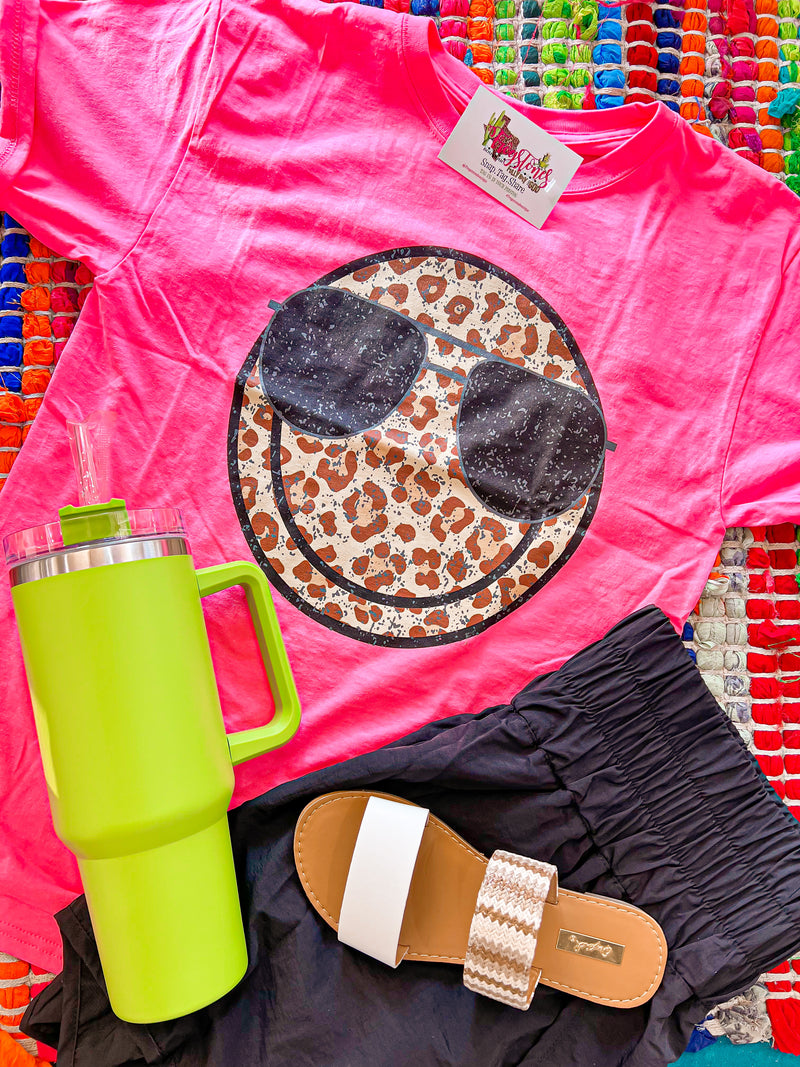 Leopard Smile Tee-Neon Pink