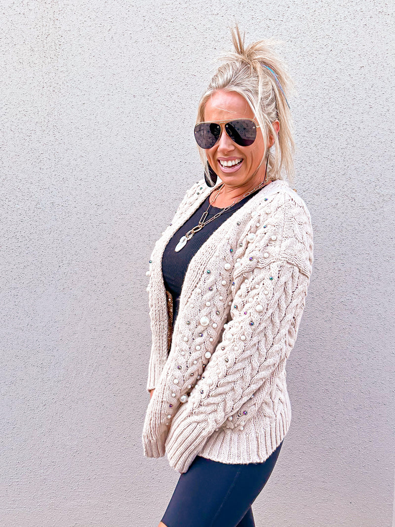 Tristan Knitted Pearl Cardigan Sweater-Oatmeal