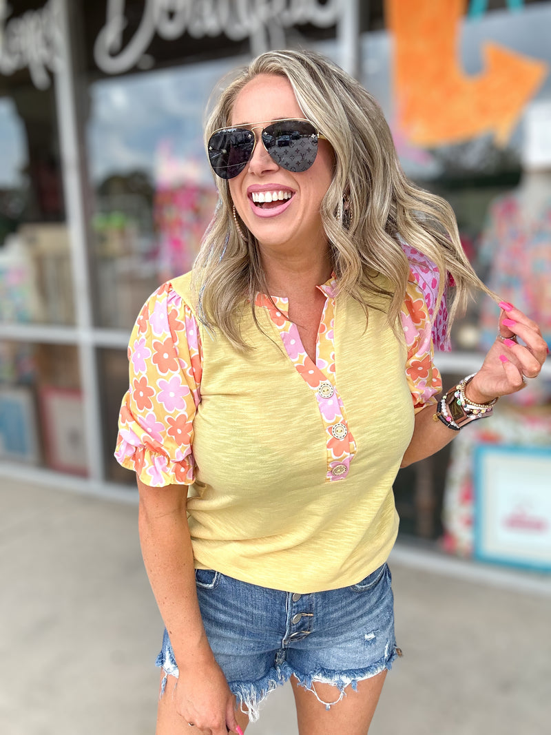 Sunny Terry Knit Floral Puff Sleeve Top-Yellow/Multi