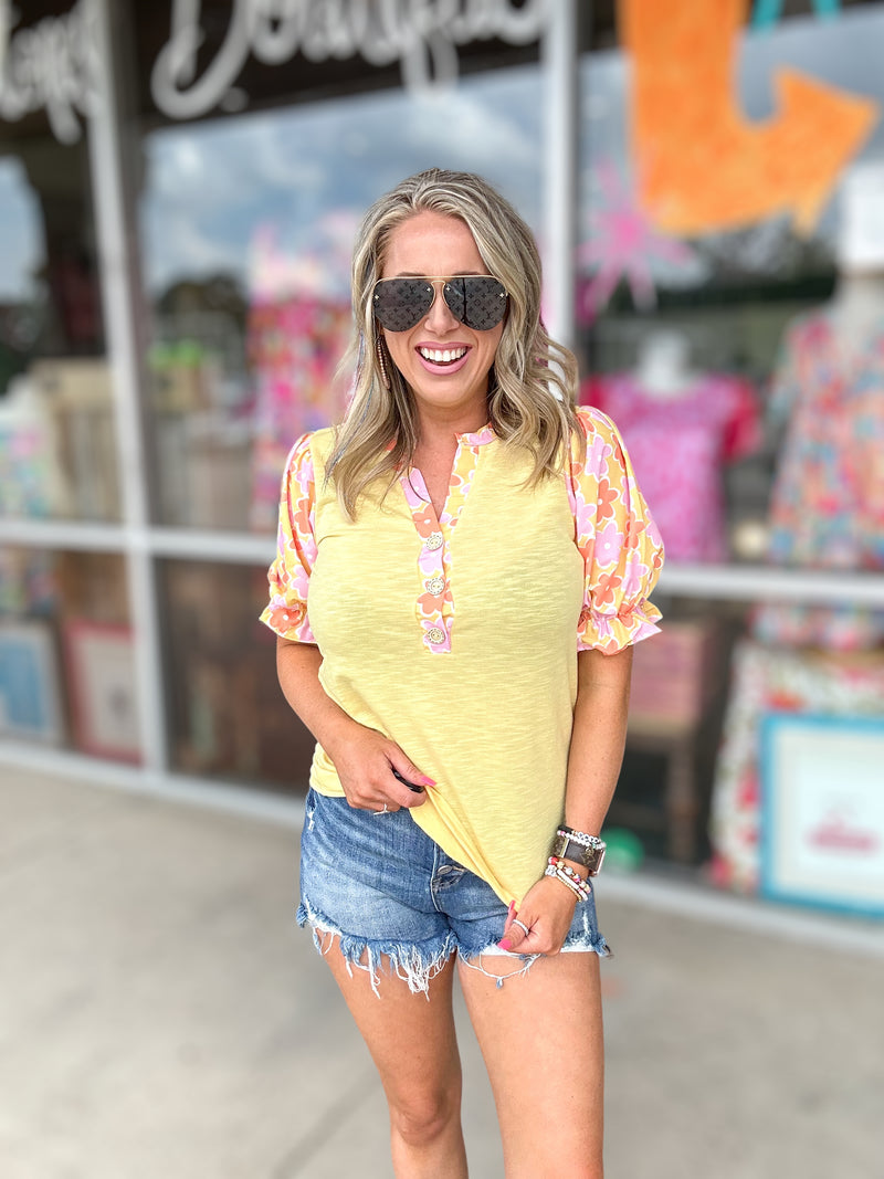 Sunny Terry Knit Floral Puff Sleeve Top-Yellow/Multi
