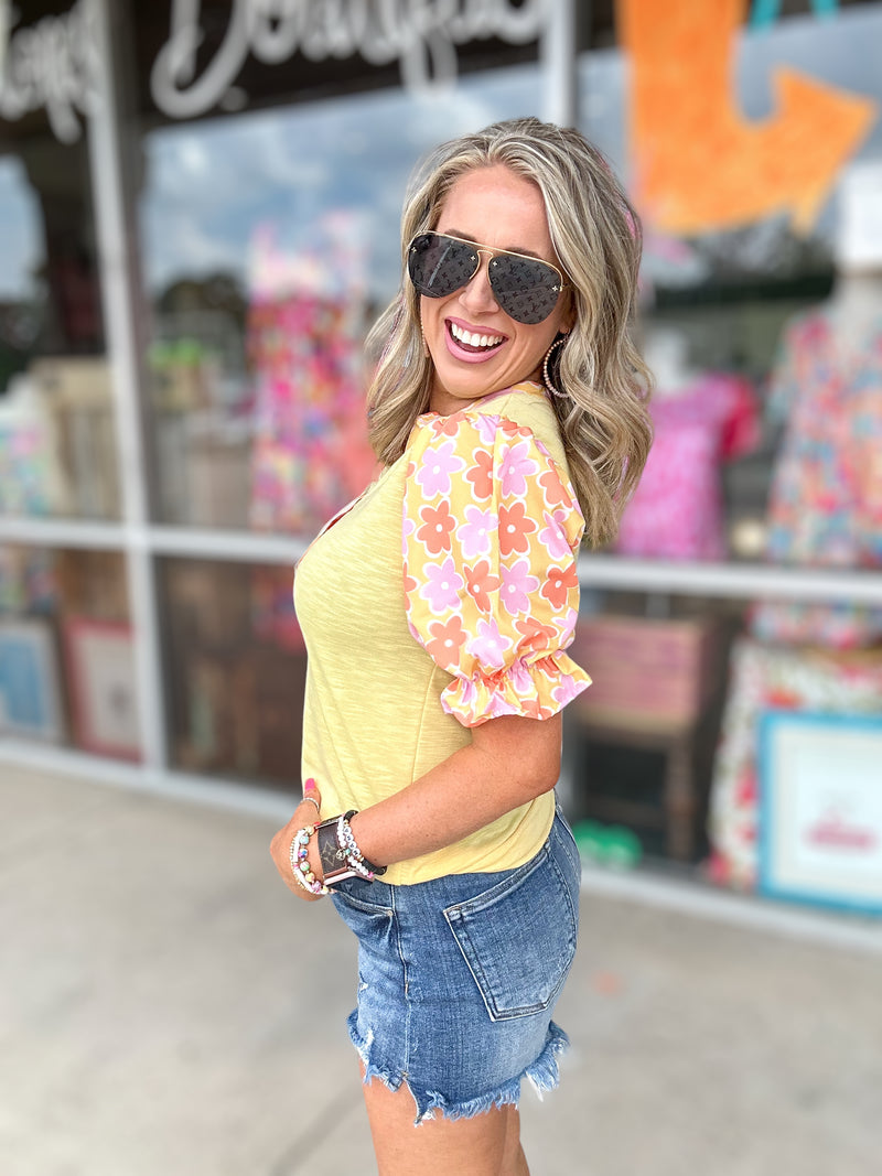Sunny Terry Knit Floral Puff Sleeve Top-Yellow/Multi
