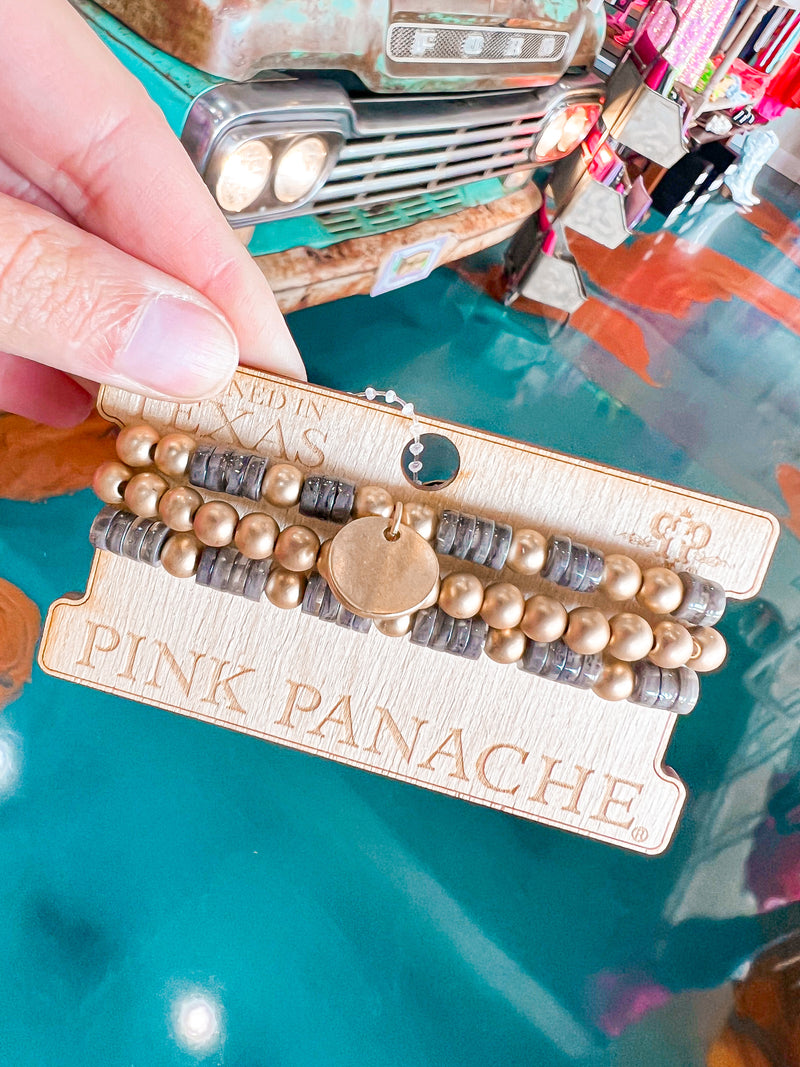 PINK PANACHE-1CNC B063-3-Strand Gold Bead and Gray Mother-of-Pearl Disc Bead Bracelet Set
