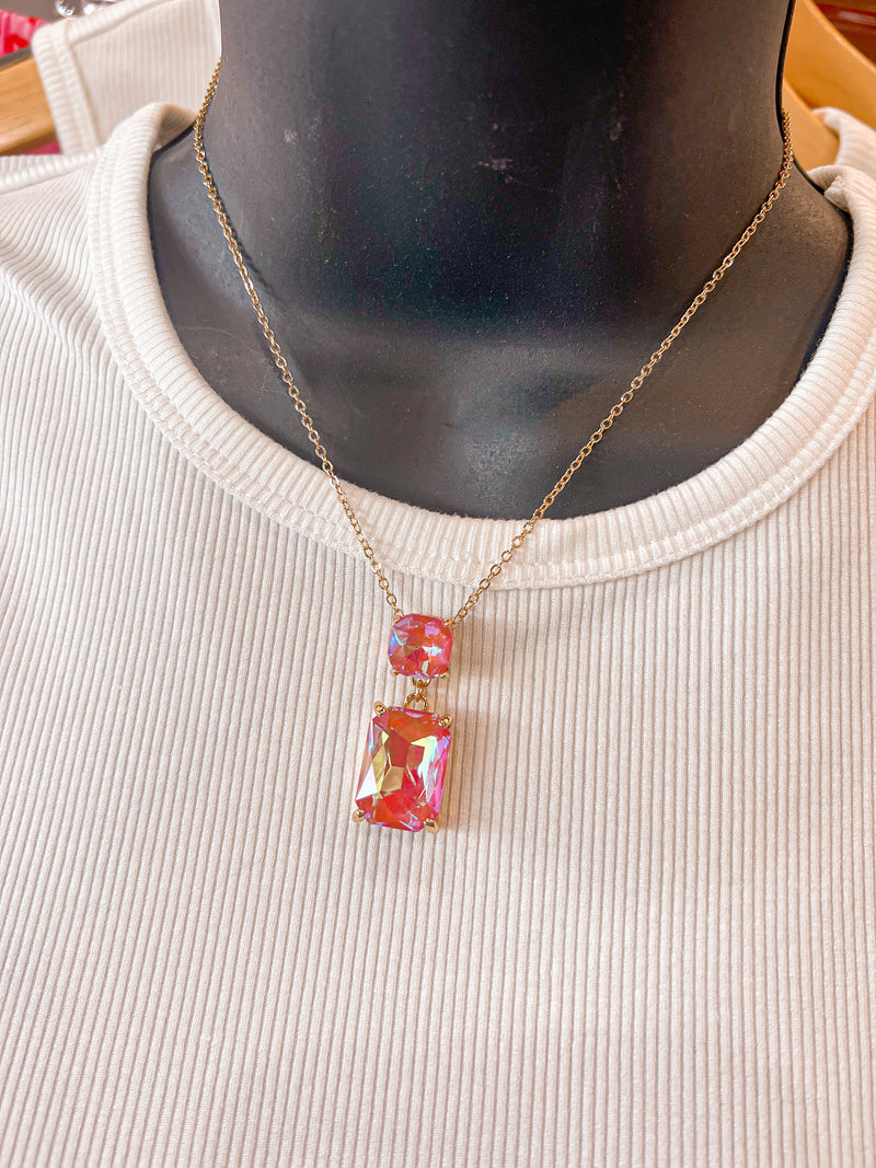 Pink Panache-1CNC K054-Coral AB Rectangle/Square Rhinestones on Gold Chain Necklace