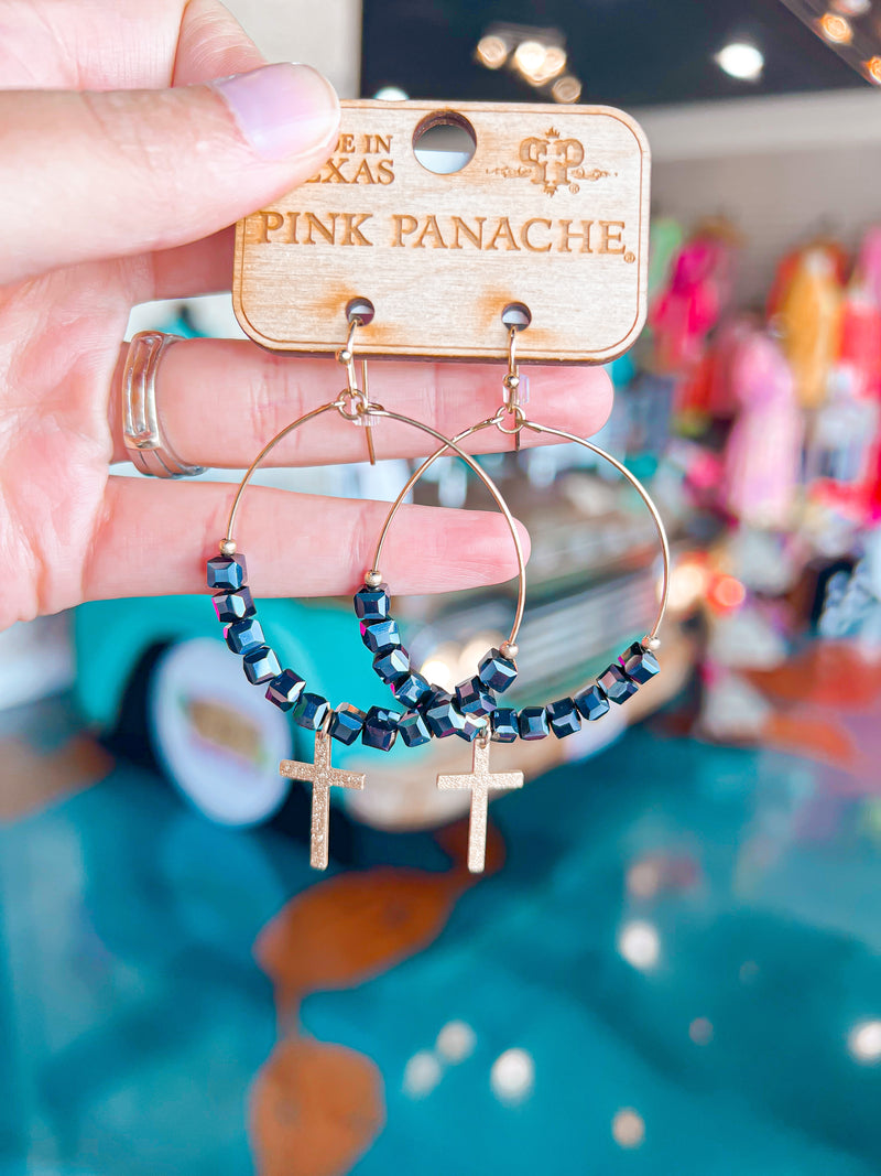PINK PANACHE-1CNC X062-Gold/Black Hoop w/ Cross Earrings