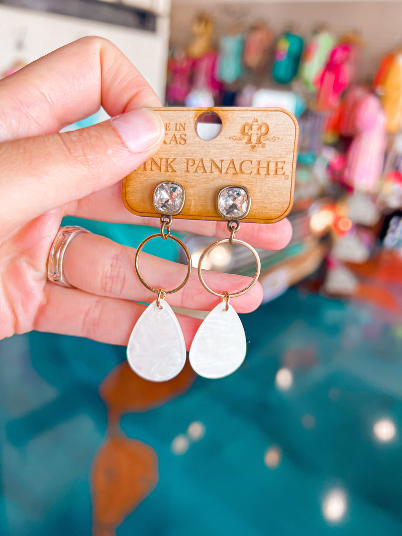 PINK PANACHE-1CNC F064-Gold Circle/White Pearlized Diamond Shape Drop Earrings w/ 8mm Bronze/Clear Post