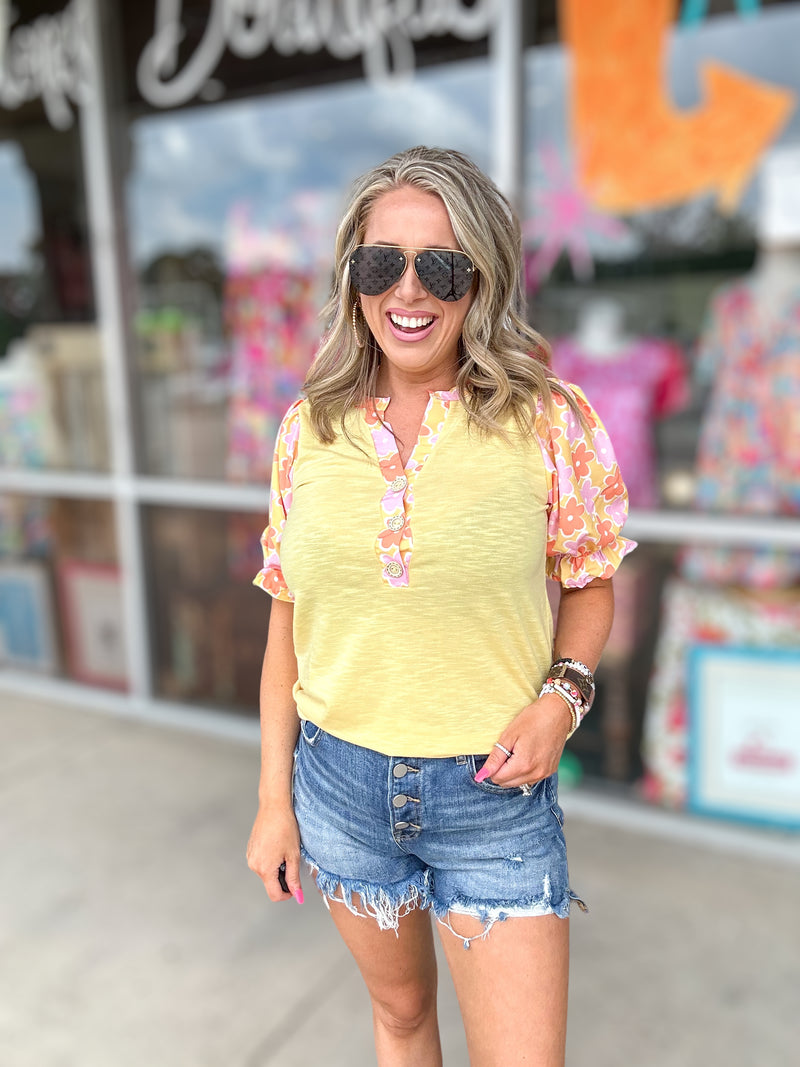 Sunny Terry Knit Floral Puff Sleeve Top-Yellow/Multi