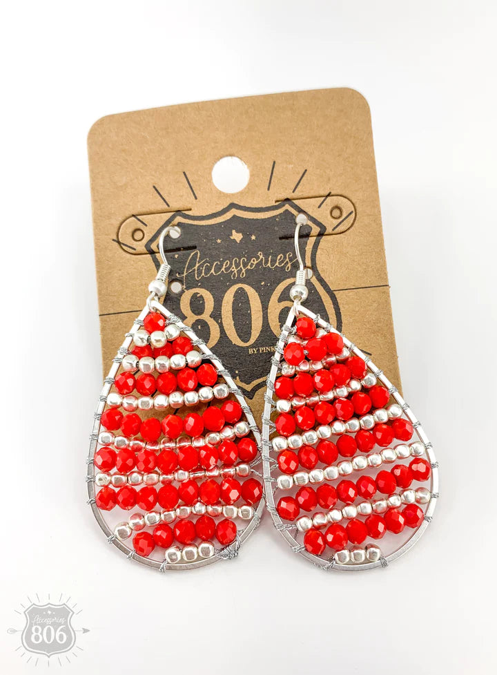 806-E143SR-Red/Silver Beaded Teardrop Earrings
