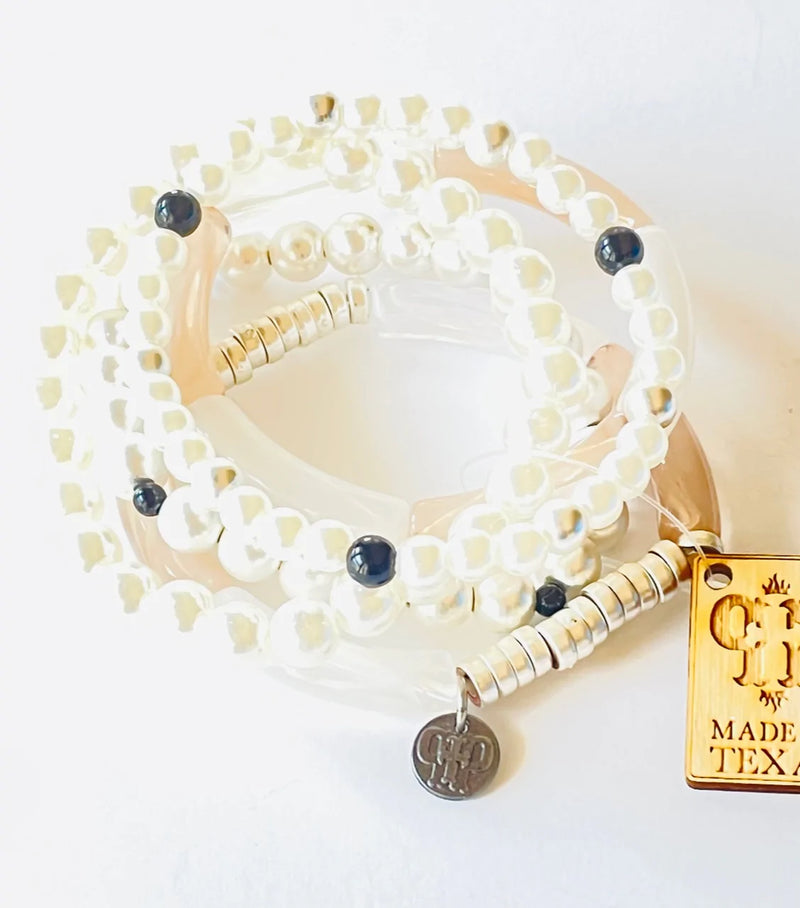 PINK PANACHE-1CNC G195 3-strand worn silver bead and white bamboo tube bead bracelet set