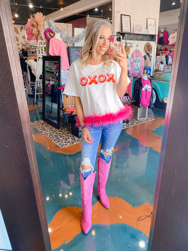 Xoxo Balloon Letter Print Feather Trim White Top-FINAL SALE