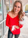 MARY RIBBED RED FEATHER CUFF SWEATER TOP-FINAL SALE