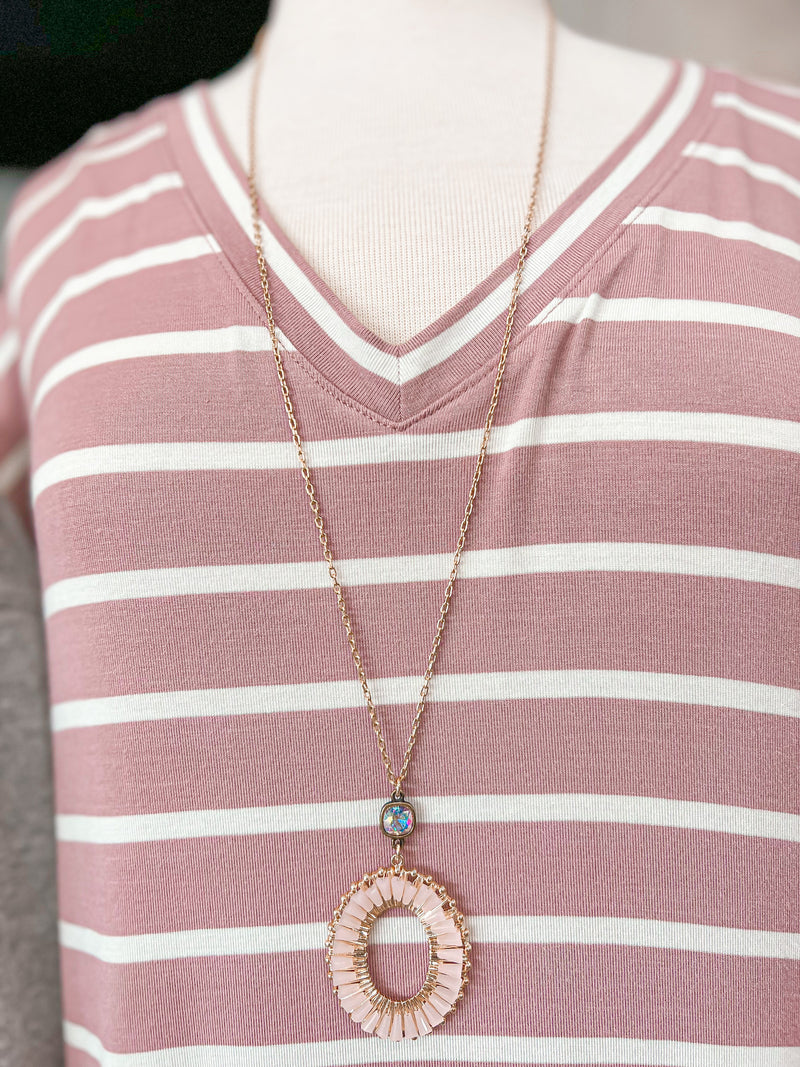 PINK PANACHE-1CNC D091-BLUSH TUBE BEAD OVAL 8MM BRONZE/AB LONG GOLD CHAIN NECKLACE-FINAL SALE