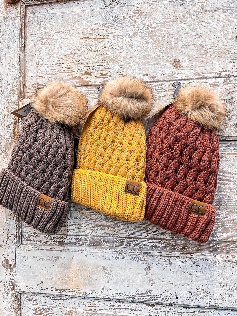 Cable Knit Fleece Lined Fur Pom Hats (Multiple Color Ways