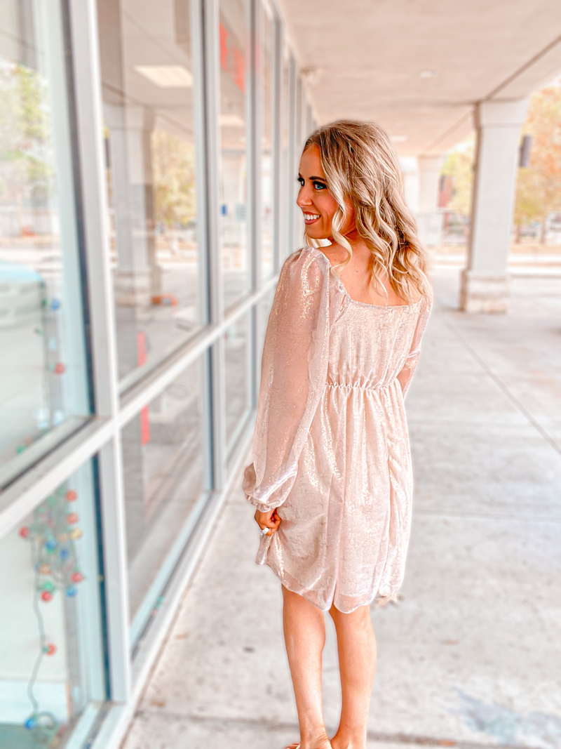 Shimmery Blush Metallic Foil Babydoll Mini Dress-FINAL SALE