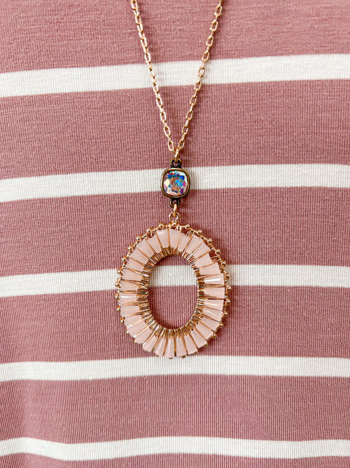 PINK PANACHE-1CNC D091-BLUSH TUBE BEAD OVAL 8MM BRONZE/AB LONG GOLD CHAIN NECKLACE