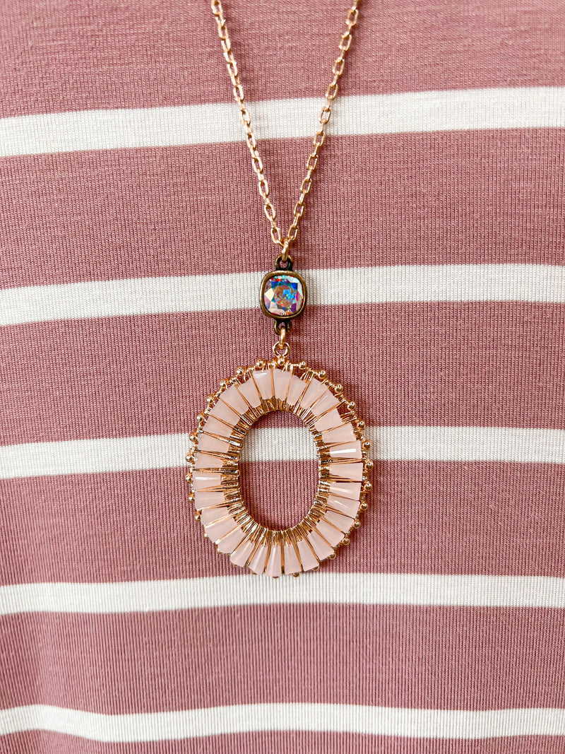 PINK PANACHE-1CNC D091-BLUSH TUBE BEAD OVAL 8MM BRONZE/AB LONG GOLD CHAIN NECKLACE